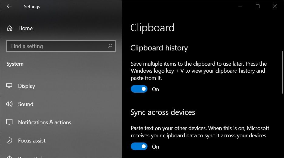 Windows 10 Clipboard settings
