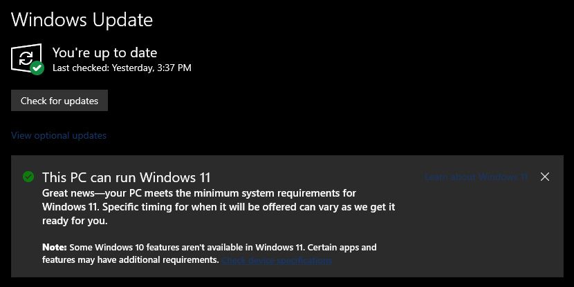 Windows 11 compatibility check in Windows update