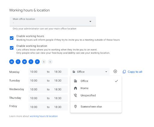 Working location setting in Google Calendar