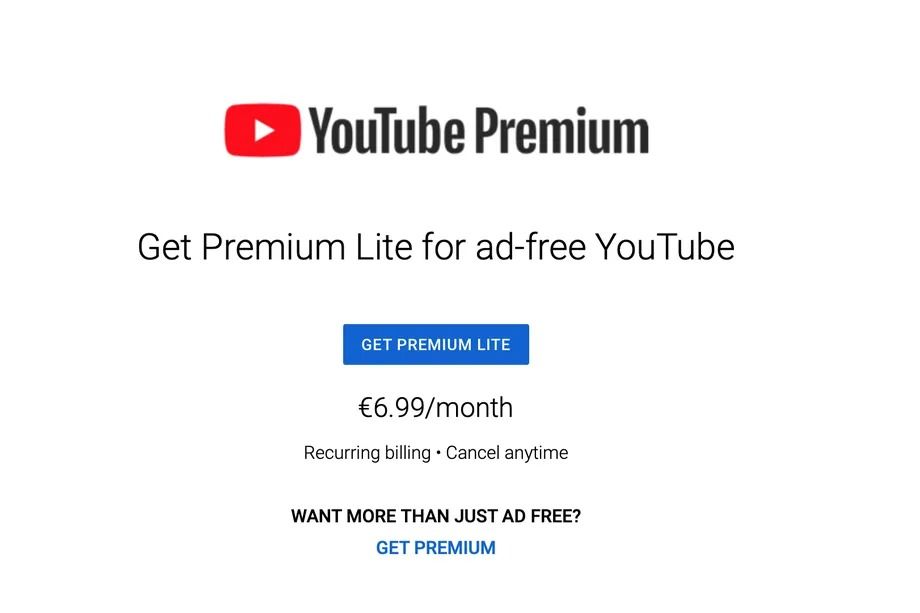 YouTube Premium Lite plan screenshot