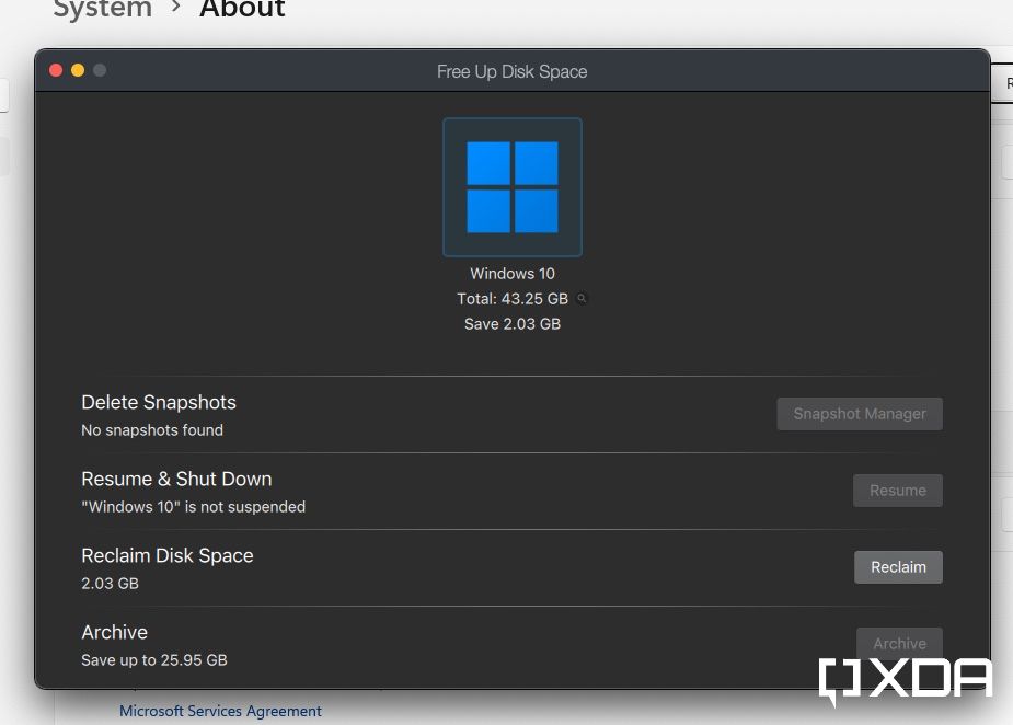 Parallels disk space