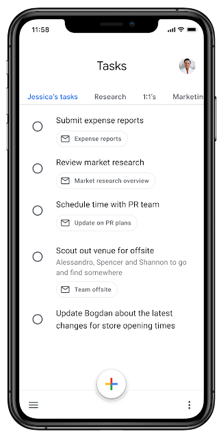 Google Tasks screenshot showing a tab bar with &quot;Jessica's tasks,&quot; &quot;Research,&quot; and other lists as tabs