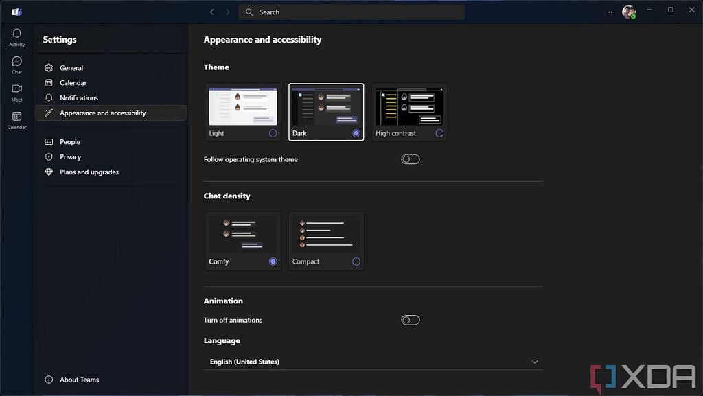 Screenshot of appearance and accessibility settings in Teams for WIndows 11