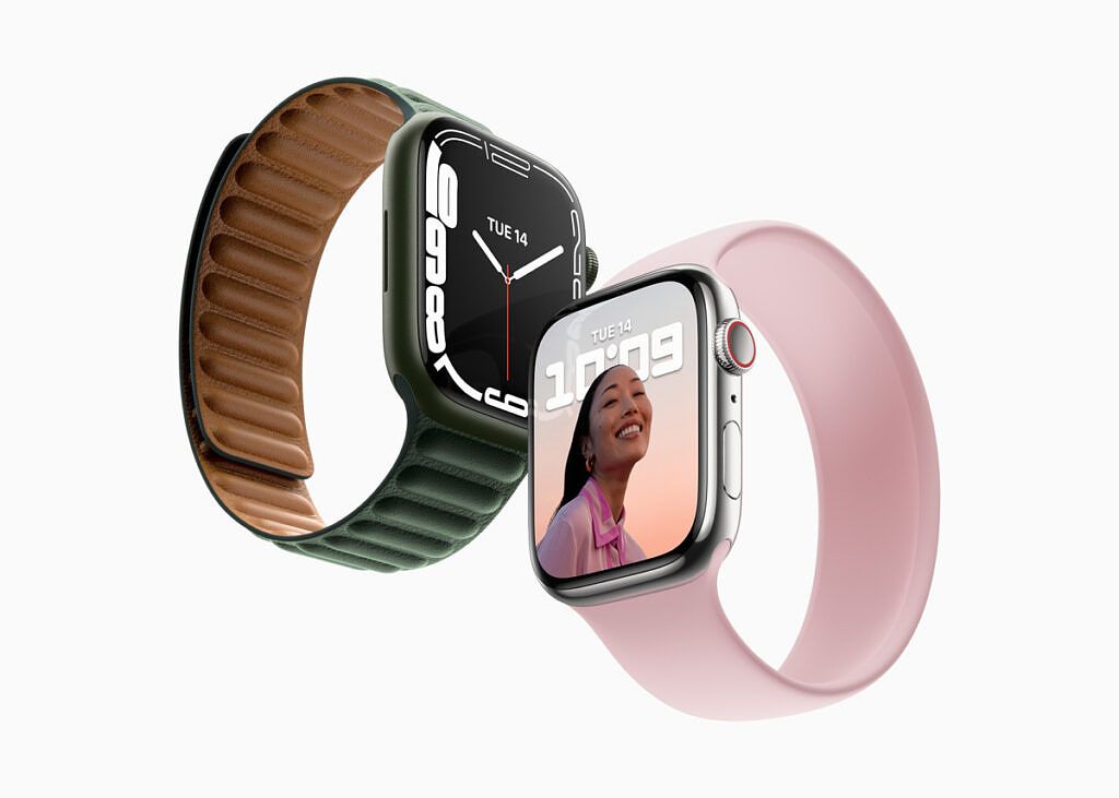 Apple Watch Series 7 with pink and green bands on white background