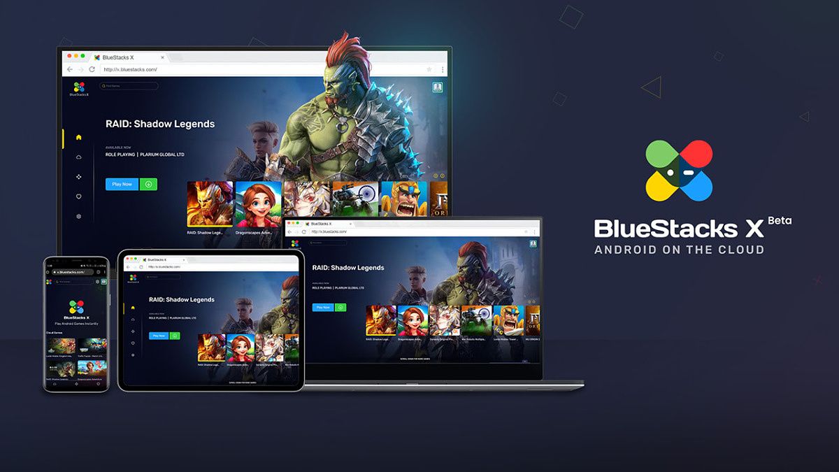 Bluestacks X logo with images of devices with games