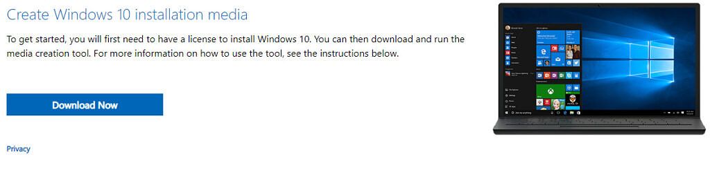 Screenshot of the Windows 10 download page showing the header title &quot;Create Windows 10 installation media&quot; with a button labeled &quot;Download now&quot; underneath.