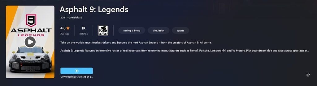 Downloading Asphalt 9 Legends on the Microsoft Store