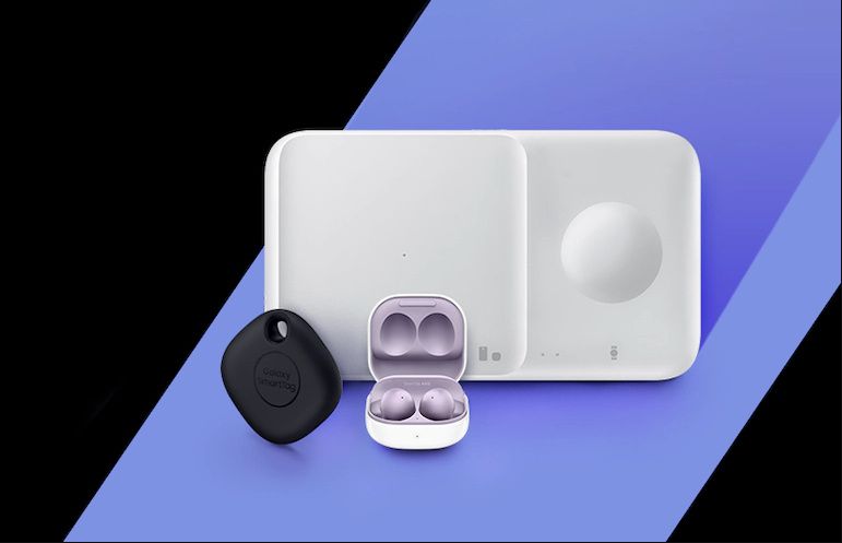 Samsuing Wireless Charger Duo shown along side the Galaxy SmartTag and Galaxy Buds 2