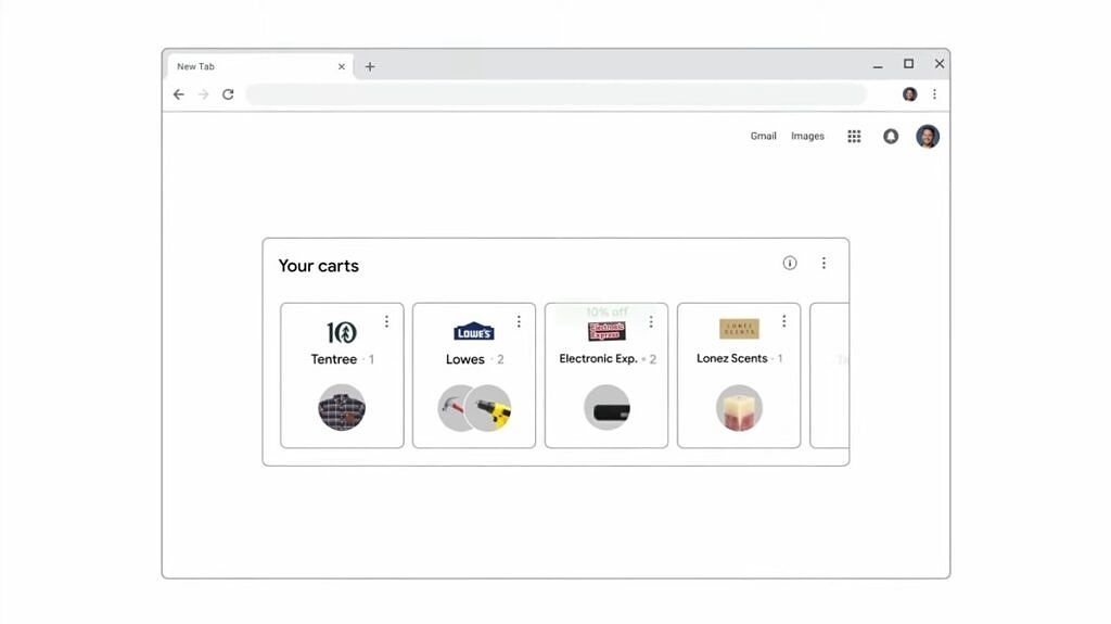 Google Chrome homepage showing shopping cart