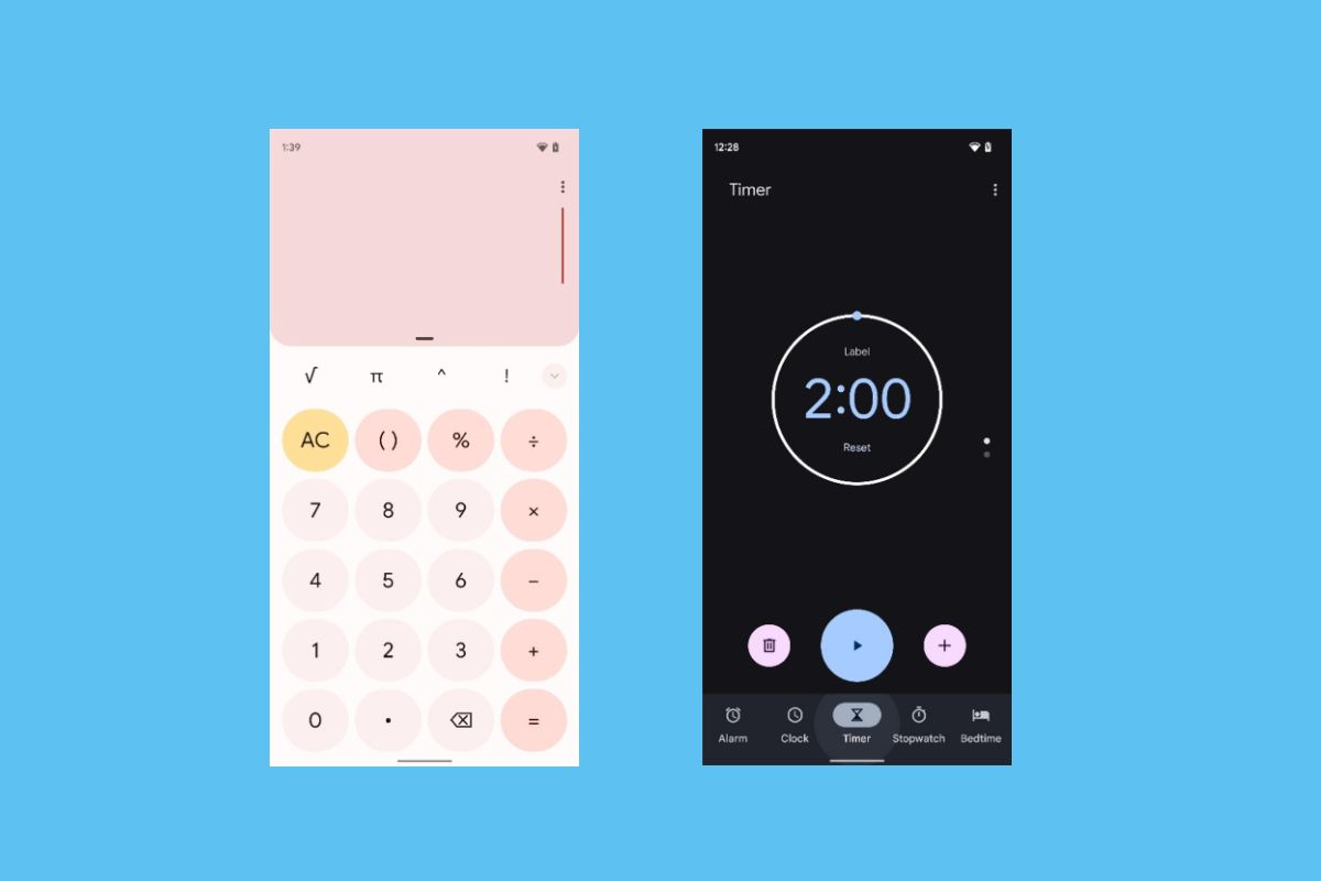 Google Calculator and Clock app UI shown on a solid blue background