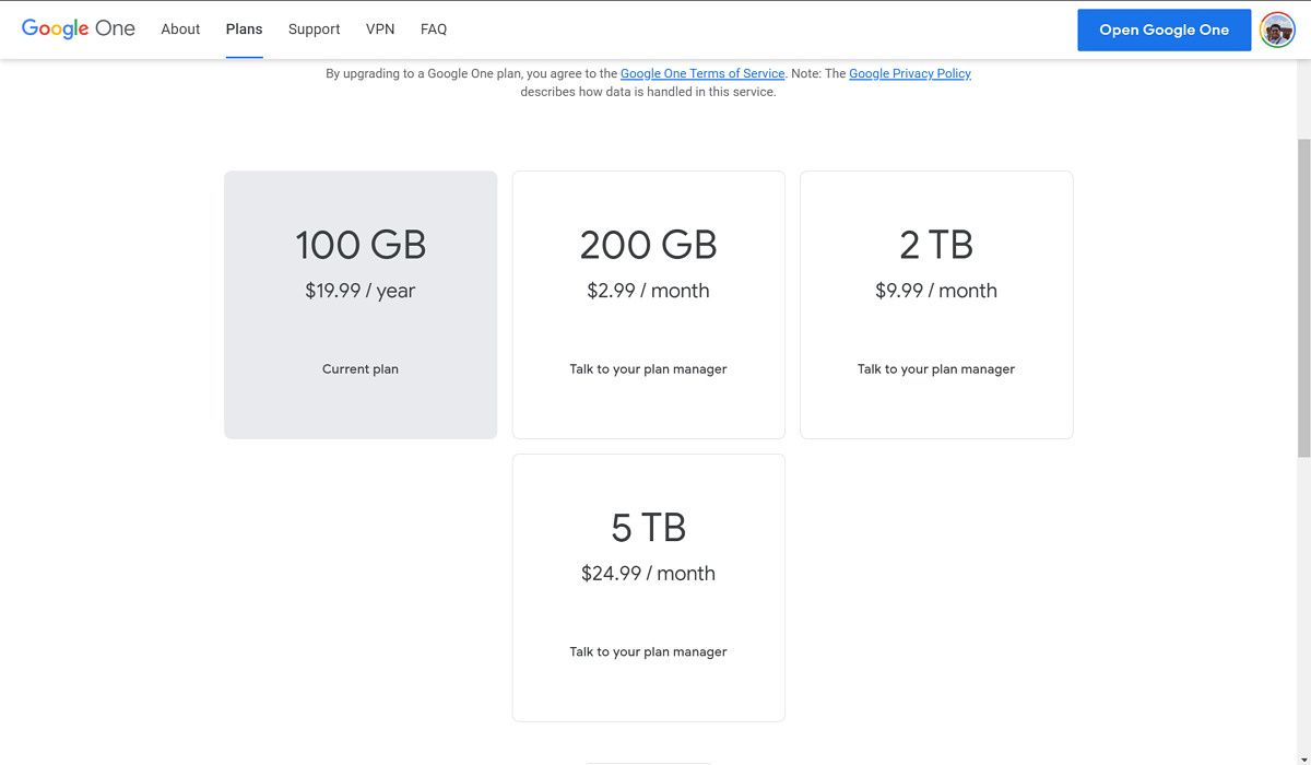 Planes de almacenamiento de Google One