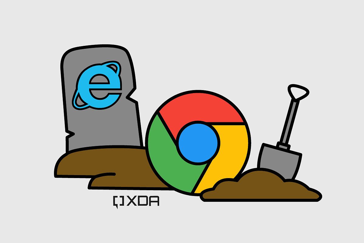 Chrome icon standing over the grave with Internet Explorer icon on the tombstone