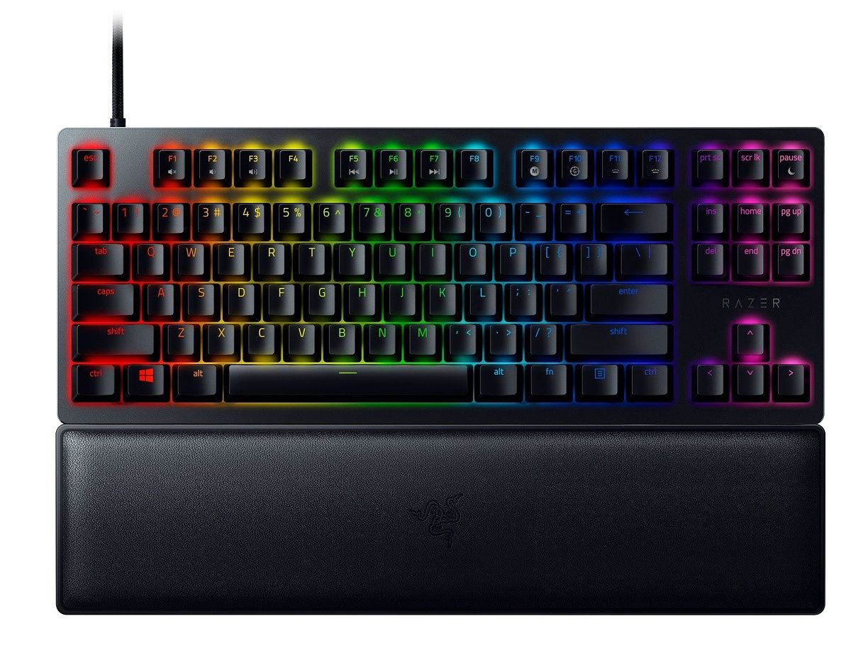 The Razer Huntsman V2 features 2nd-generation Razer linear optical switches, new sound dampening mechanisms, programmable keys and Chroma RGB lighting. This is the tenkeyless variant, which has a more compact design without a number pad or dedicated media controls.