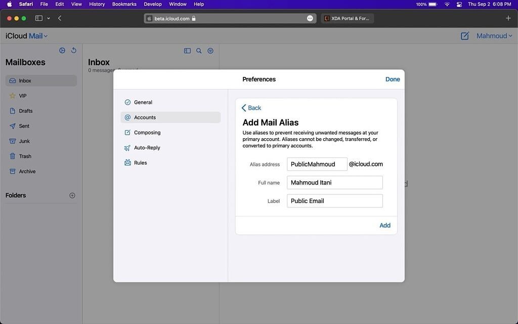 Screenshot of Alias creation menu on the desktop web version of iCloud Mail