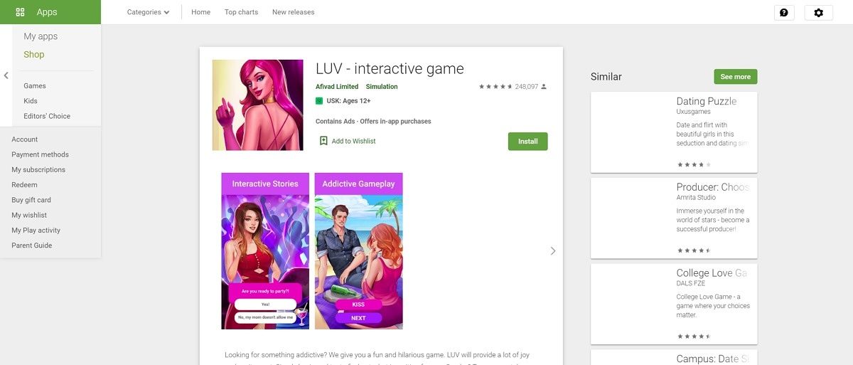 Listado de Google Play para LUV: juego interactivo