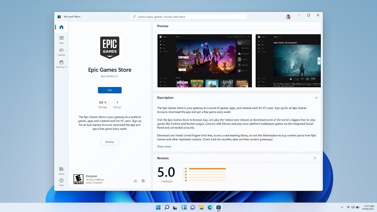Microsoft Store on Windows 11 showing Epic Games Store listing