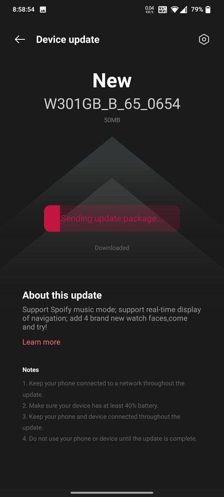 OnePlus Health app installing a software update on the OnePlus Watch 