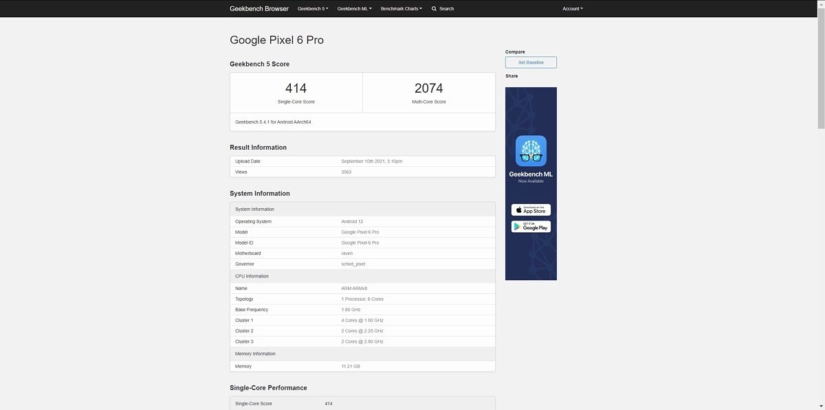 Possible Geekbench listing from the Pixel 6 Pro