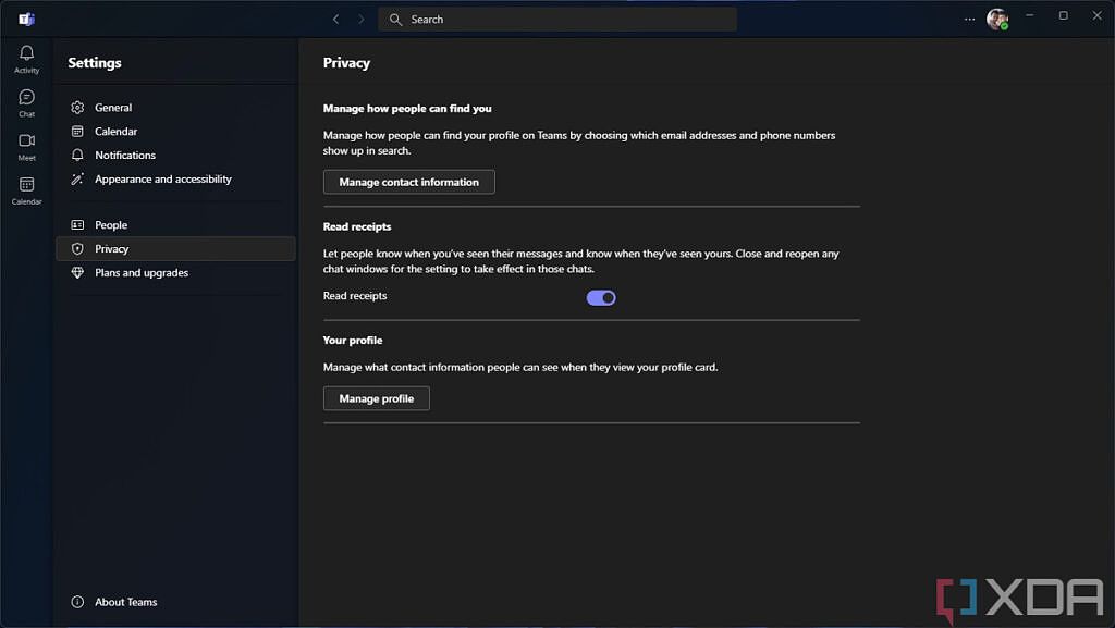 Screenshot of the privacy settings in Teams for Windows 11