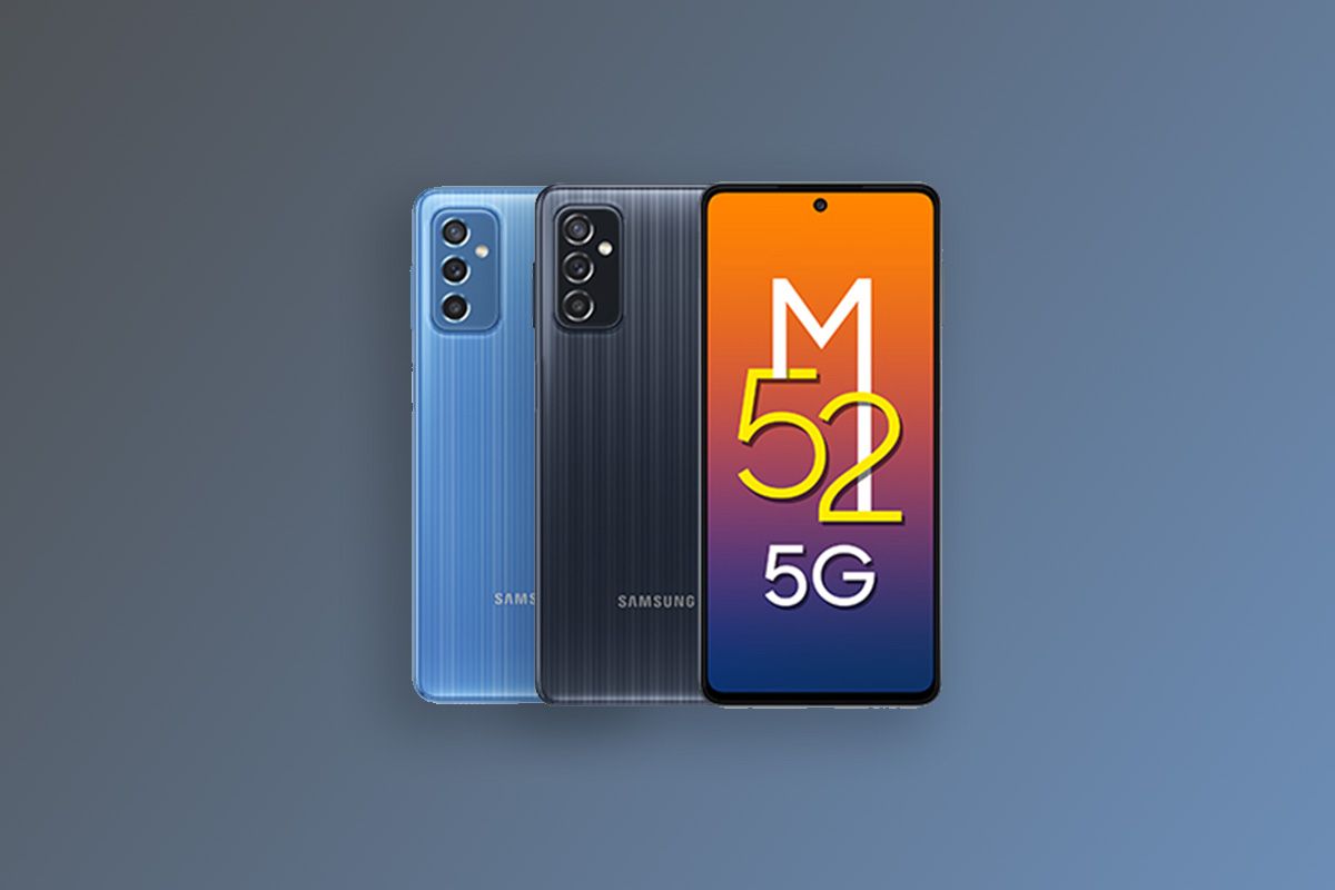 Samsung Galaxy M52 5G in Icy Blue and Blazing Black on gradient background