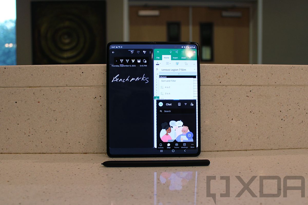 Samsung Galaxy Z Fold 3 showing Office, OneNote, and Teams on the same screen