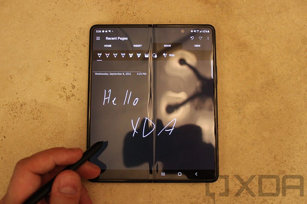 Samsung Galaxy Z Fold 3 with Hello XDA written in OneNote