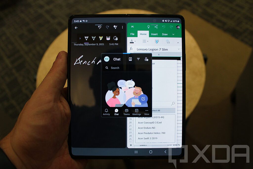 Samsung Galaxy Z Fold 3 showing Office, OneNote, and Teams on the same screen