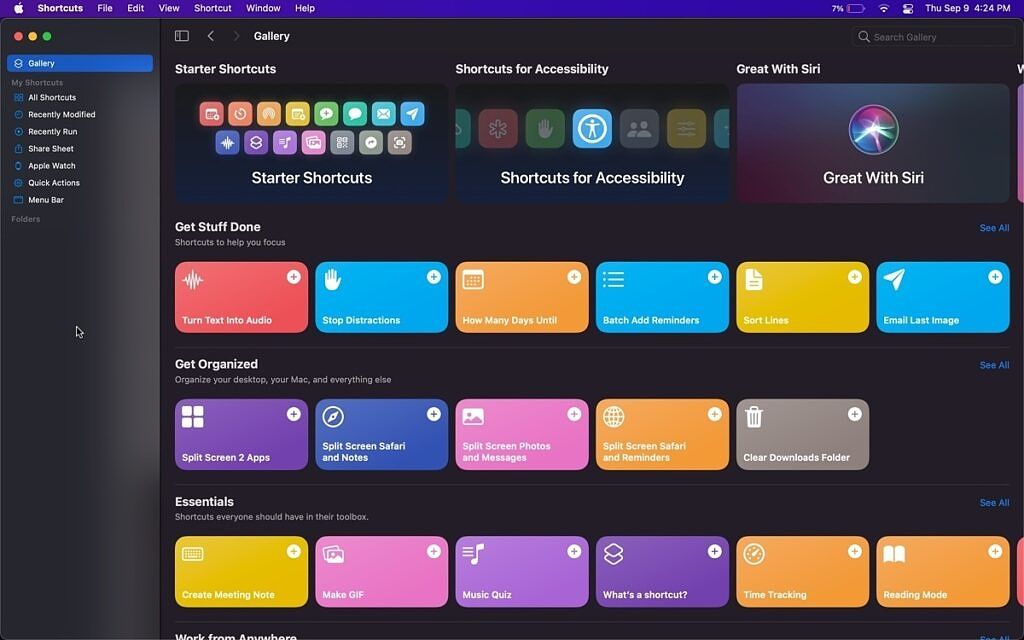 screenshot of Shortcuts app on macos