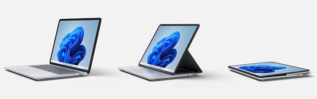 Surface Laptop Studio in laptop mode, stage mode, and studio mode