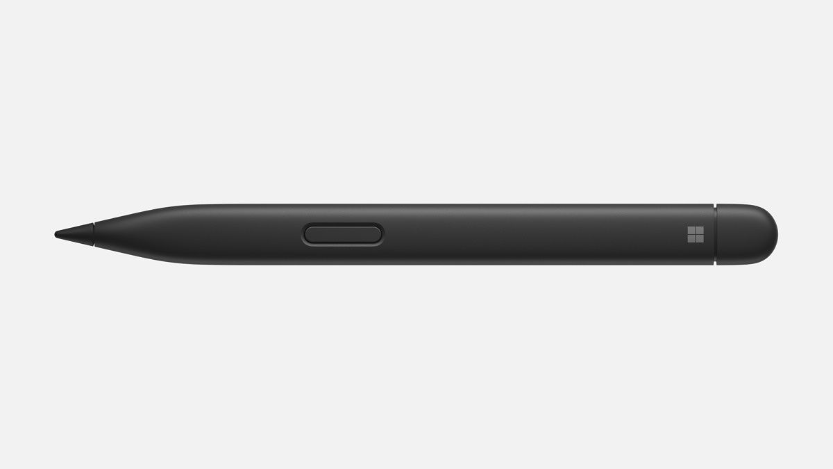 The Surface Slim Pen 2 is the latest generation of Microsoft's digital pen, featuring a finer tip and a haptic engine for tactile feedback, simulating the feel of pen on paper. It's stored and charged magnetically on the bottom of the Surface Laptop Studio.