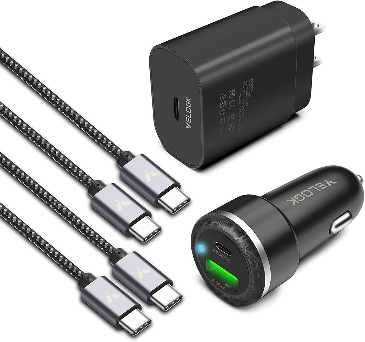 This kit includes a wall adaptor, a car fast-charger, and a set of two USB-C braided cables.