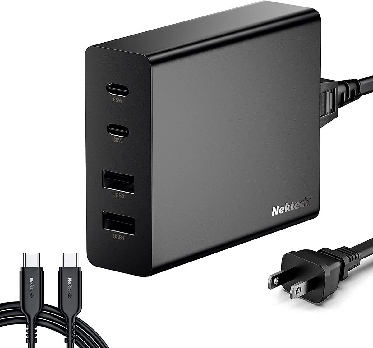 The Nektech 107W USB C charger is a good option to charge multiple devices simultaneously. It comes with two Type-C and two Type-A ports. While one of the ports offers 65W power delivery, which is perfect for the Surface Pro X, the other Type-C port can deliver 30W power. In addition, it comes with a bundled Type-C to Type-C cable.