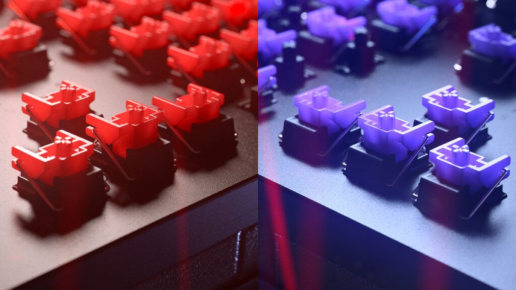 Red linear switches and purple clicky switches available inside the Razer Huntsman V2