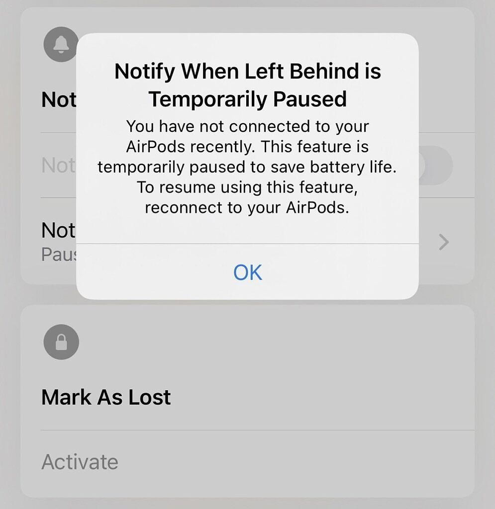 AirPods Notify When Left Behind paused alert