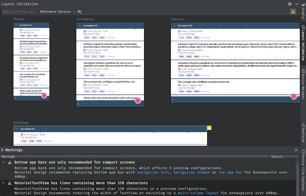 Herramienta de validación de diseño de Android Studio con clases de dispositivos de referencia