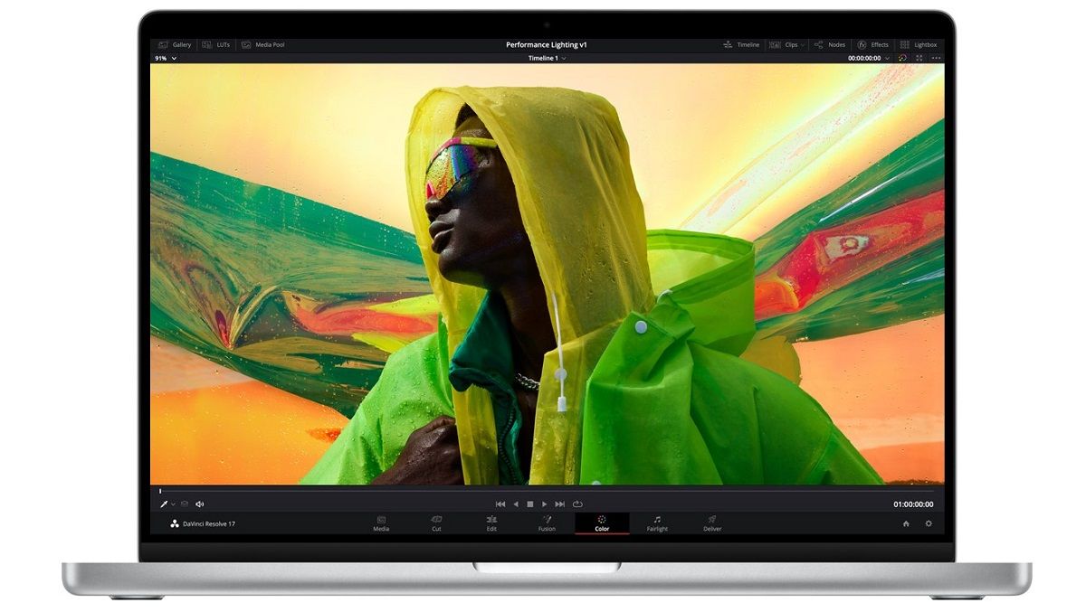 A front-facing image of Apple's 2021 MacBook Pro notebook