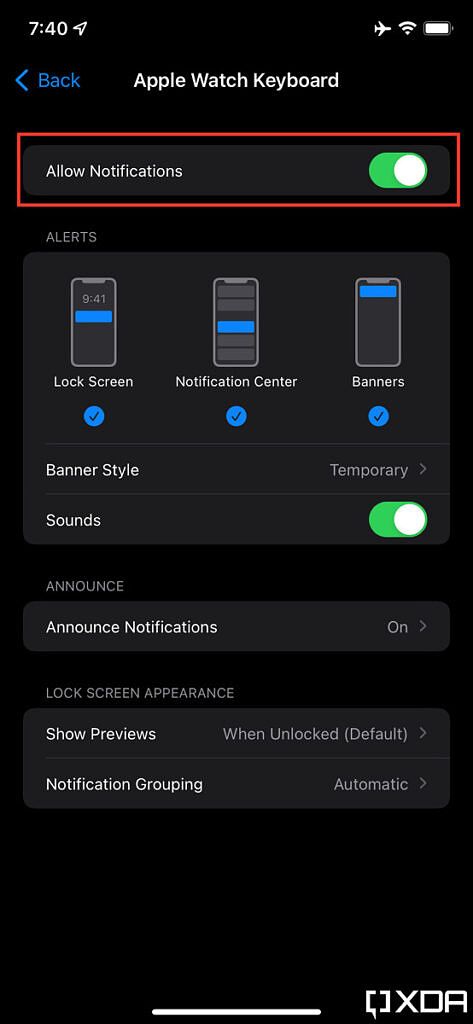 Apple Watch keyboard notifications settings highlighting the on and off toggle
