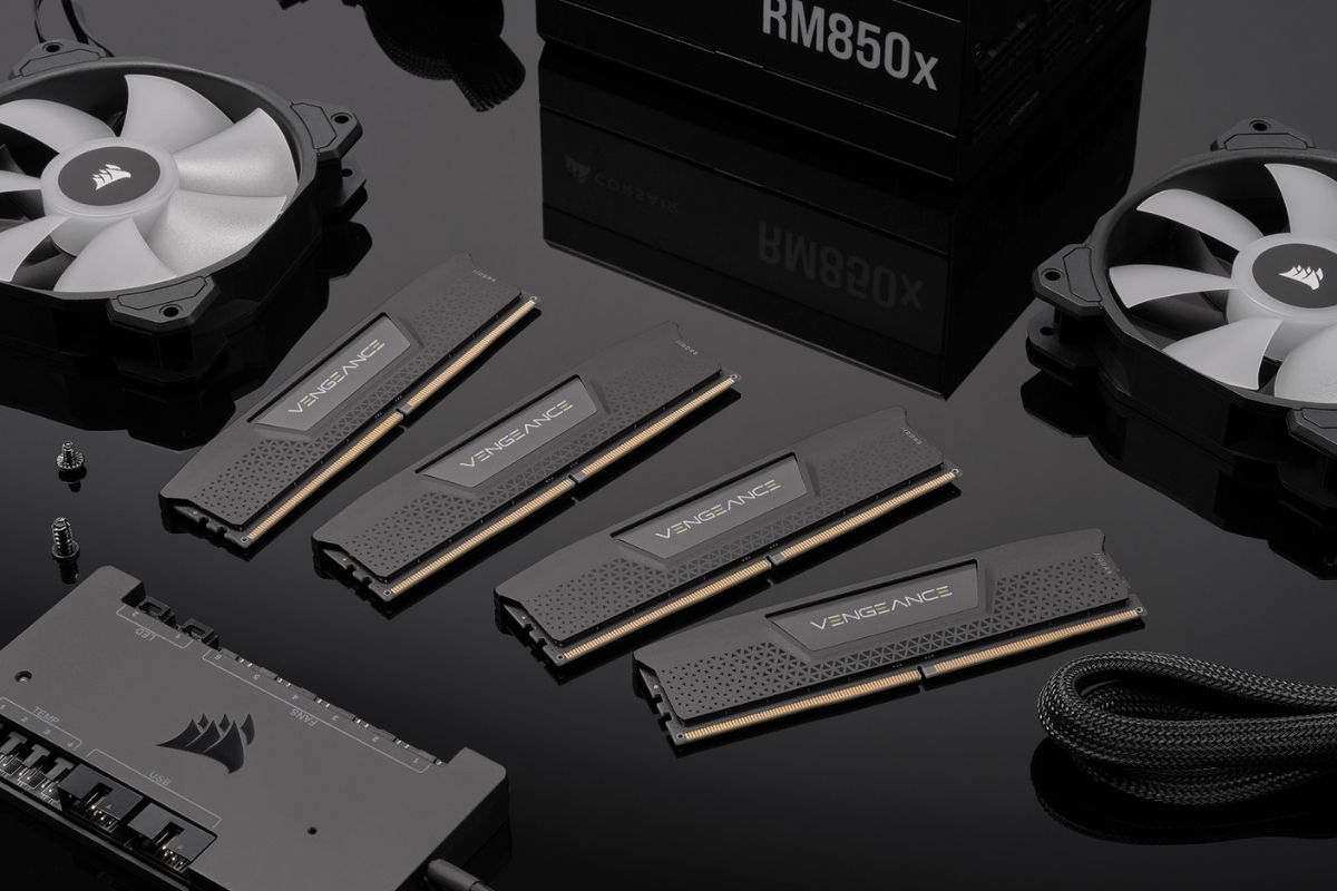 Black color Corsair Vengeance DDR5 RAM kits on a table next to other PC components