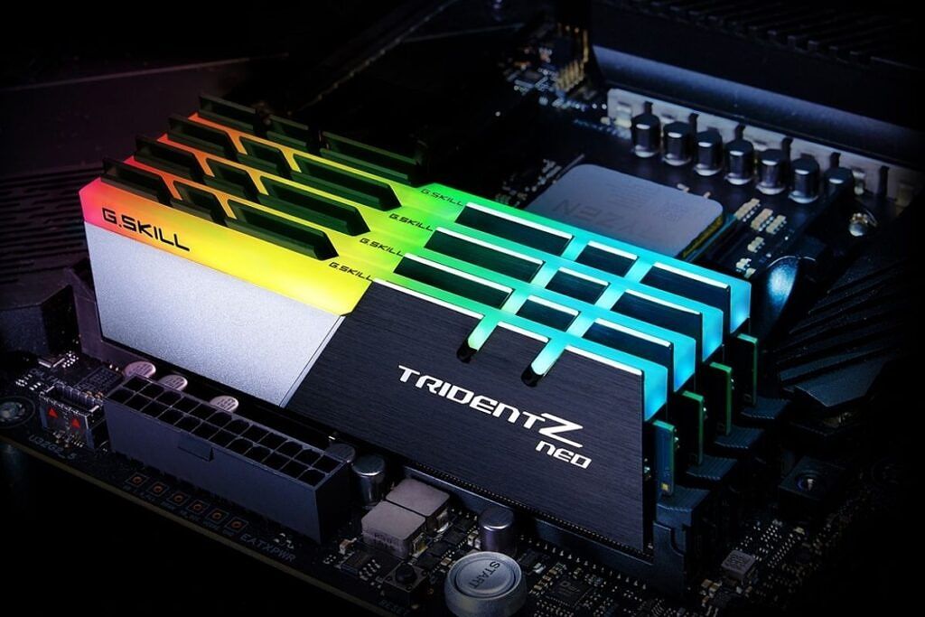 Trident Z Neo RAM modules with RGB lights installed on a motherboard with other components