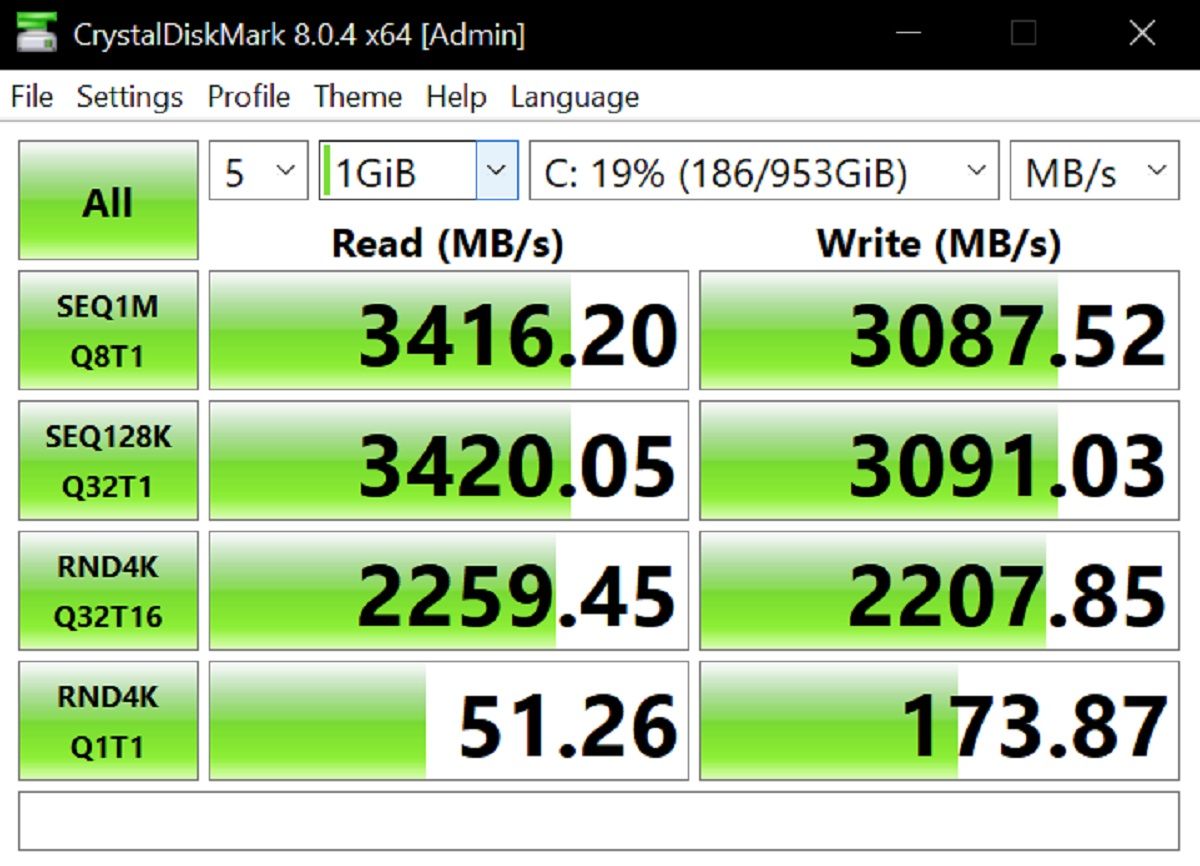 A screenshot of CrystalDiskMark 8 to show the SSD speeds of the Lenovo Legion 7 gaming laptop