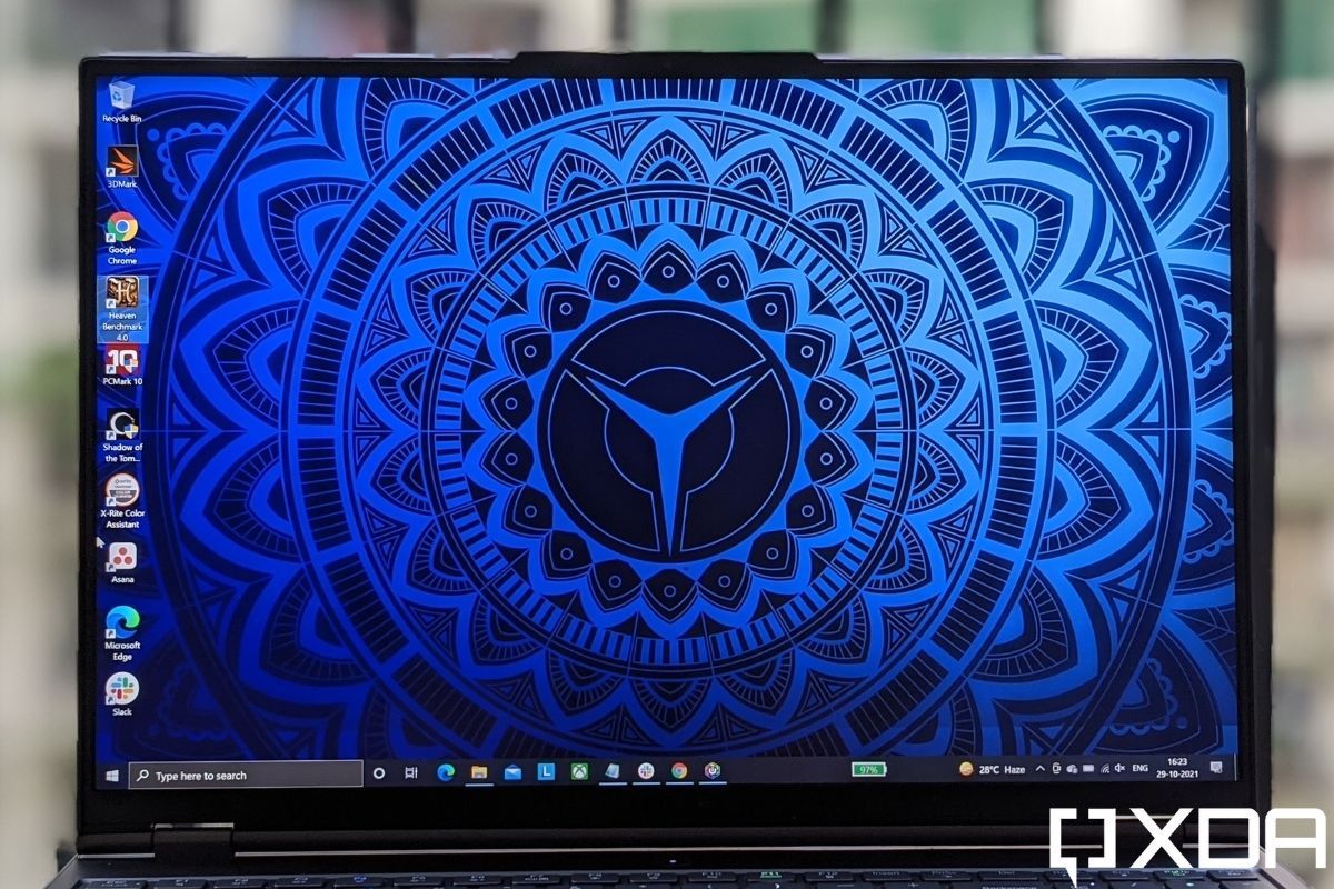 An image showing the display on a laptop with a blue colored wallpaper