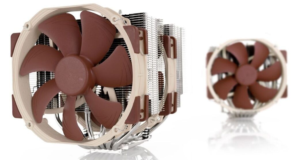 A big-sized air cooler with two brown fans and an aluminum heatsink