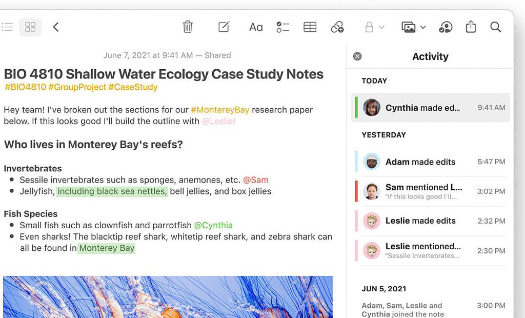 Notes collaboration tags and mentions macos 12 monterey