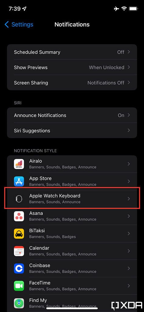 Notifications iOS settings highlighting Apple Watch keyboard