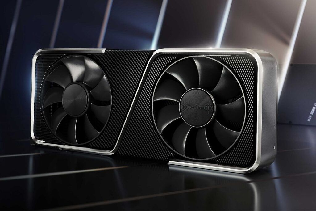 Nvidia RTX 3060 Ti GPU with two black colored fans kept on a reflective surface