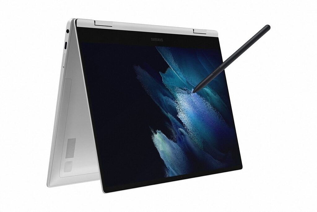 Samsung Galaxy Book Pro 360 5G in tent mode with the S Pen