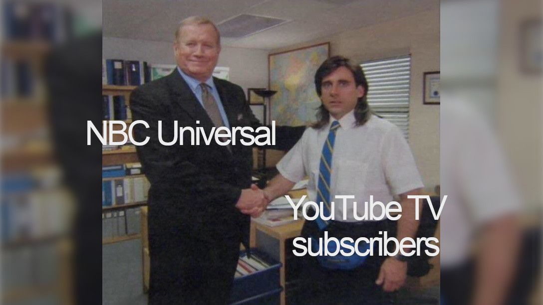The Office screenshot, showing Ed Truck (with the caption of 'NBC Universal') shaking Michael Scott's hand as he looks confused (with the caption 'YouTube TV Subscribers')