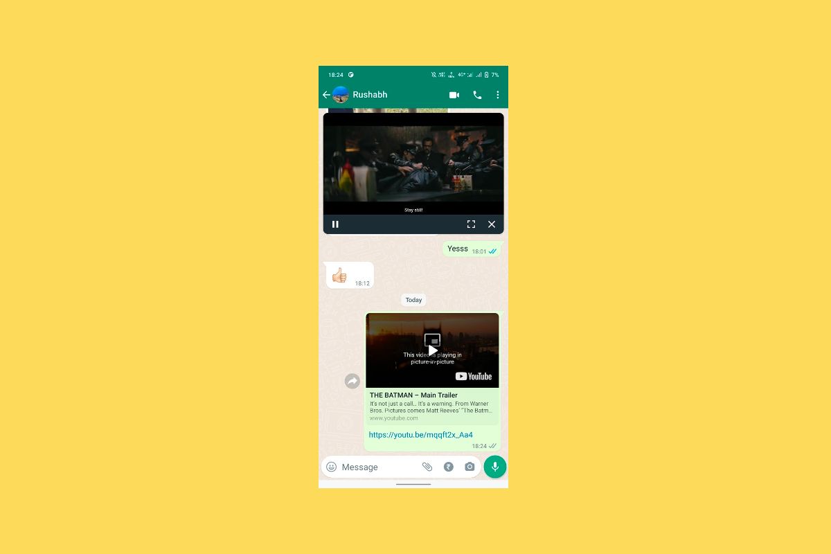 WhatsApp picture in picture mode shown on a solid yellow background