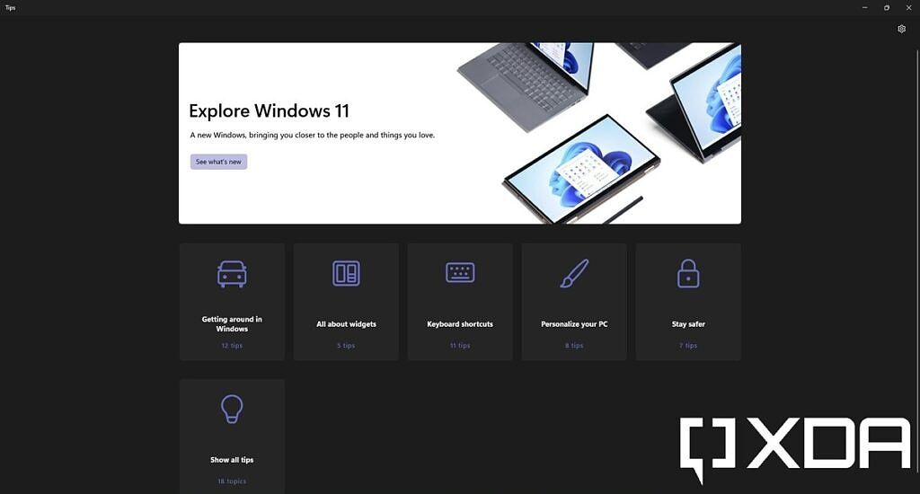 Windows 11 Tips app home screen