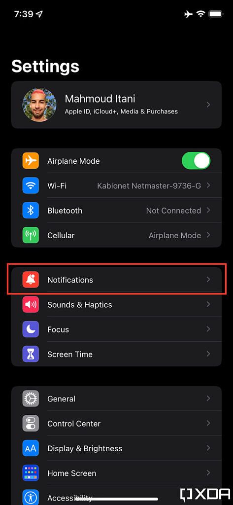iOS settings app highlighting notifications section